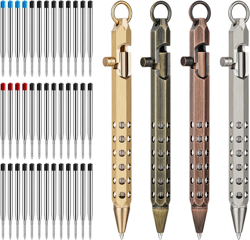 Origin-Joy 4 Pack Bolt Action Pen Set, Six Edge Solid Brass EDC Pocket Tactical Pen With 40 Ballpoint Refills (Natural Brass & Retro Black & Red Bronze & Nickel Gray) - Image 1